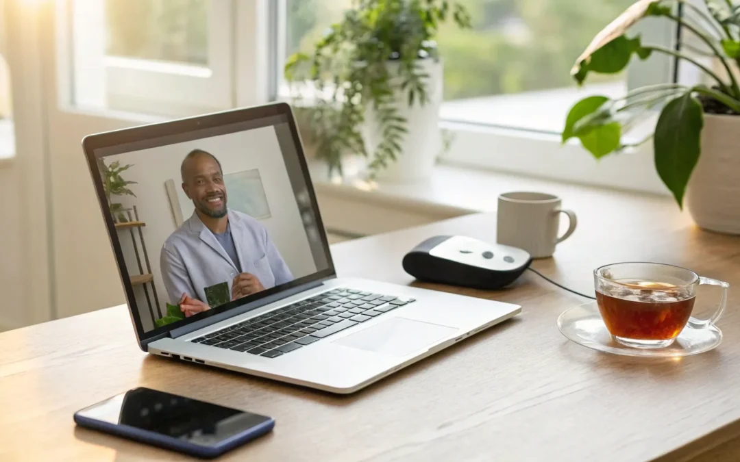 Telehealth hormone therapy consultation on a laptop.