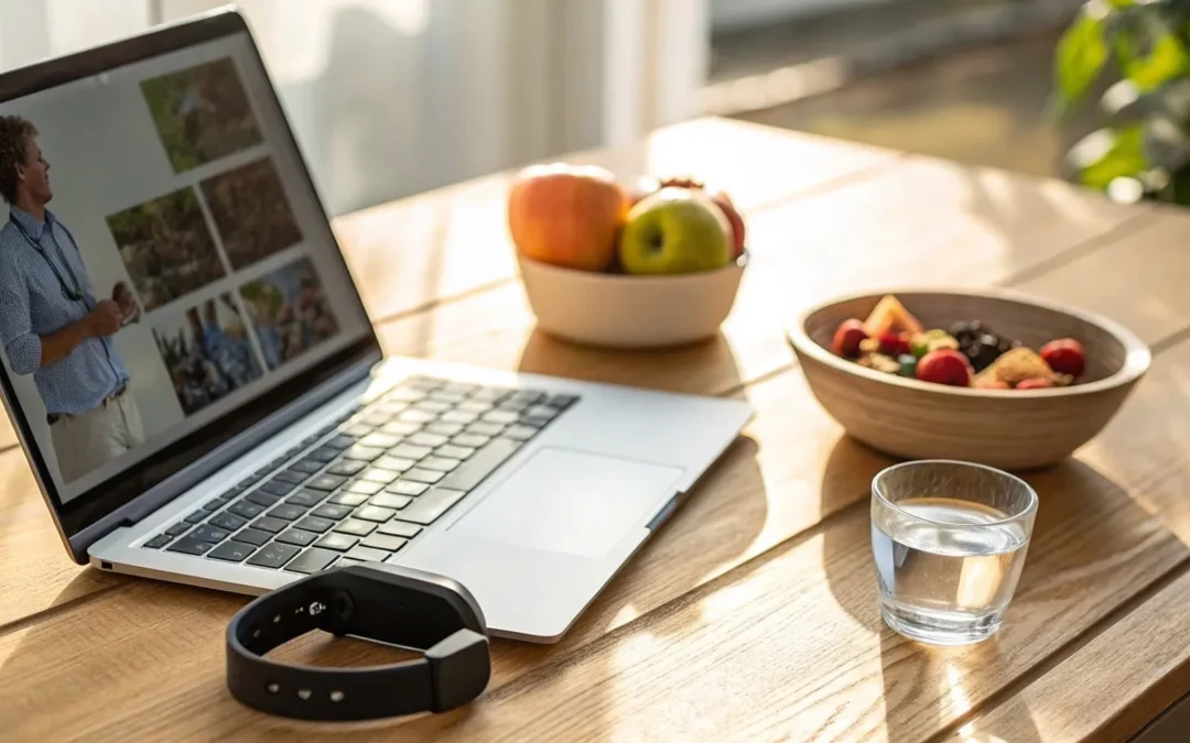 Telehealth weight management tools: laptop, fruit, water, and fitness tracker.