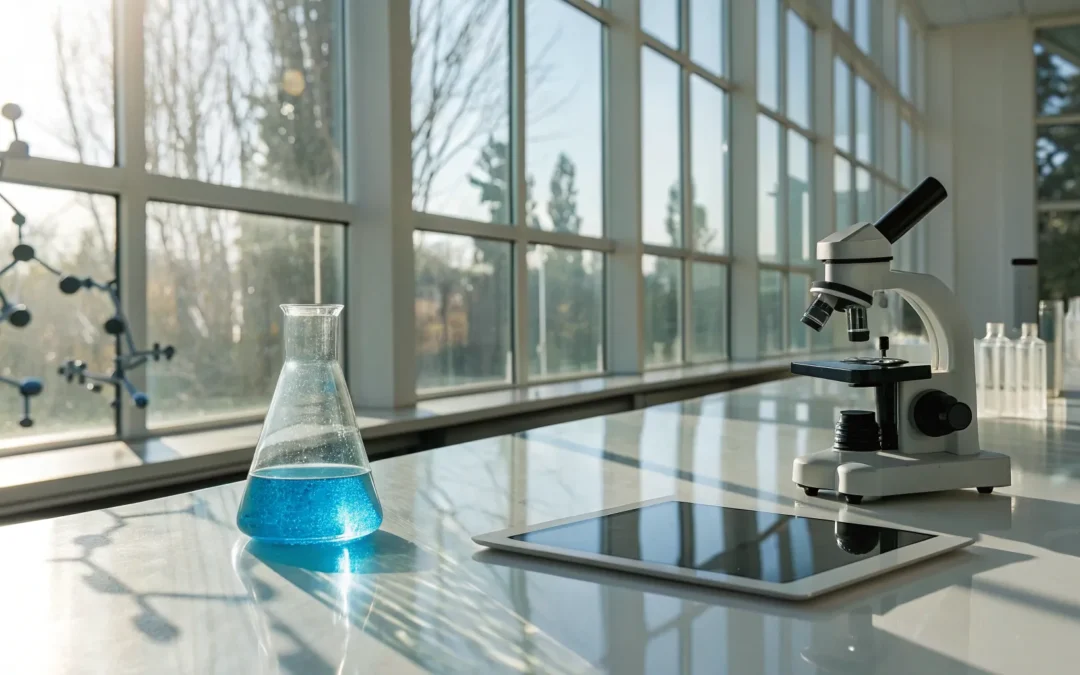 Methylene blue solution in a lab flask with microscope and tablet.