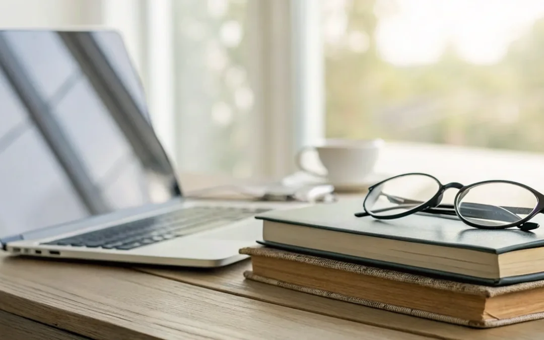 Desk with a laptop for a telehealth consultation to safely buy TRT online.