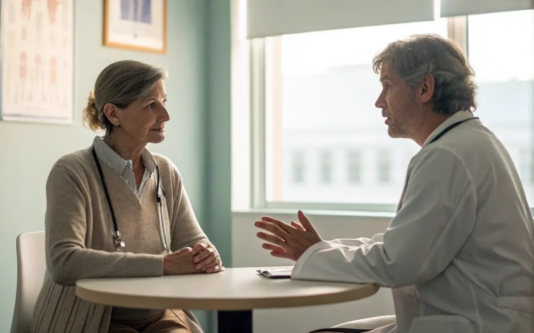 HRT and blood clot risks discussion between doctor and patient.