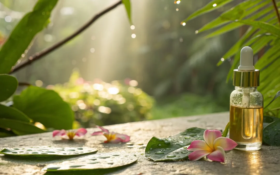 Best hair growth serum in a bottle with a dropper, placed among fresh green leaves.