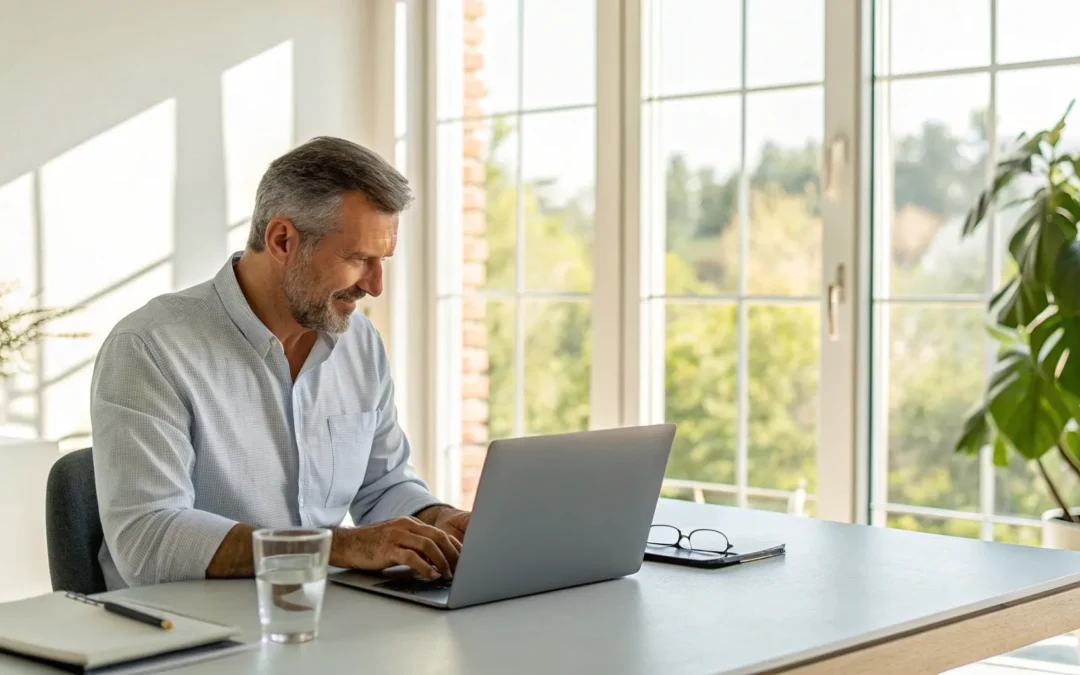 Man on a laptop comparing the cheapest online testosterone therapy clinics.