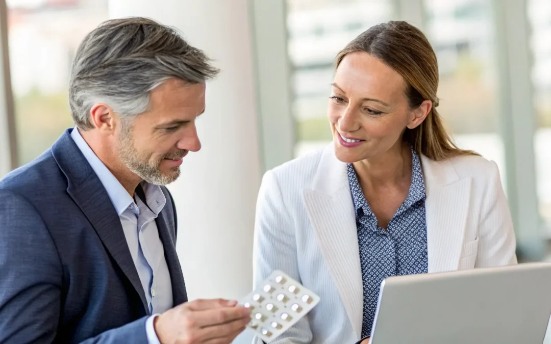 A doctor and patient discussing hormone replacement therapy (HRT) options.