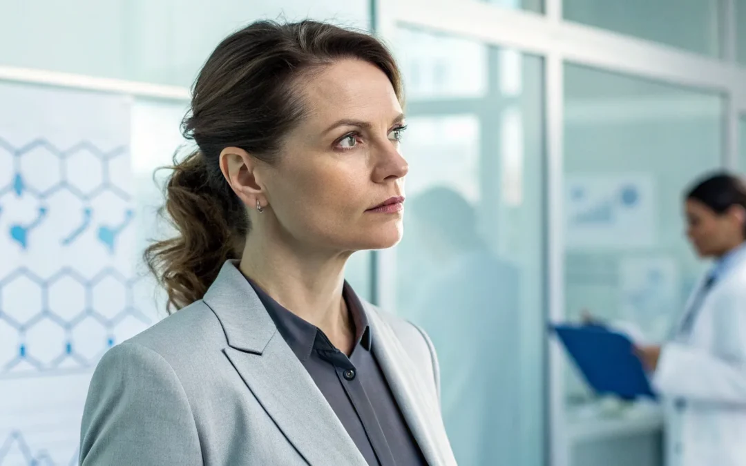 Woman in a medical office discussing the side effects of testosterone therapy for women.