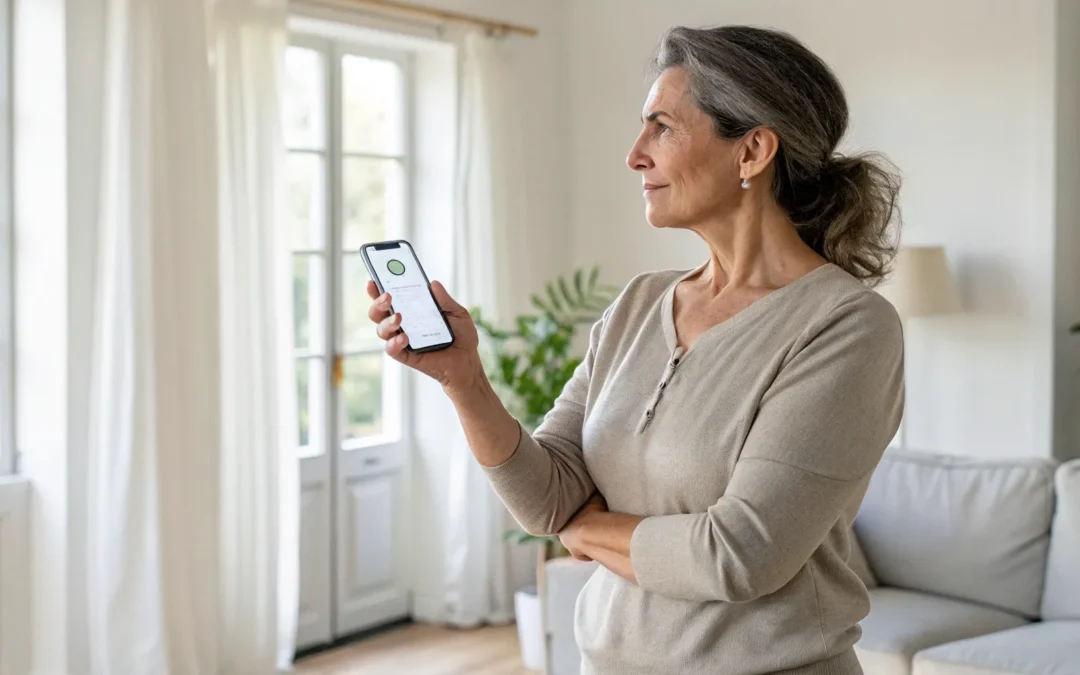 Woman using a smartphone for online testosterone therapy.