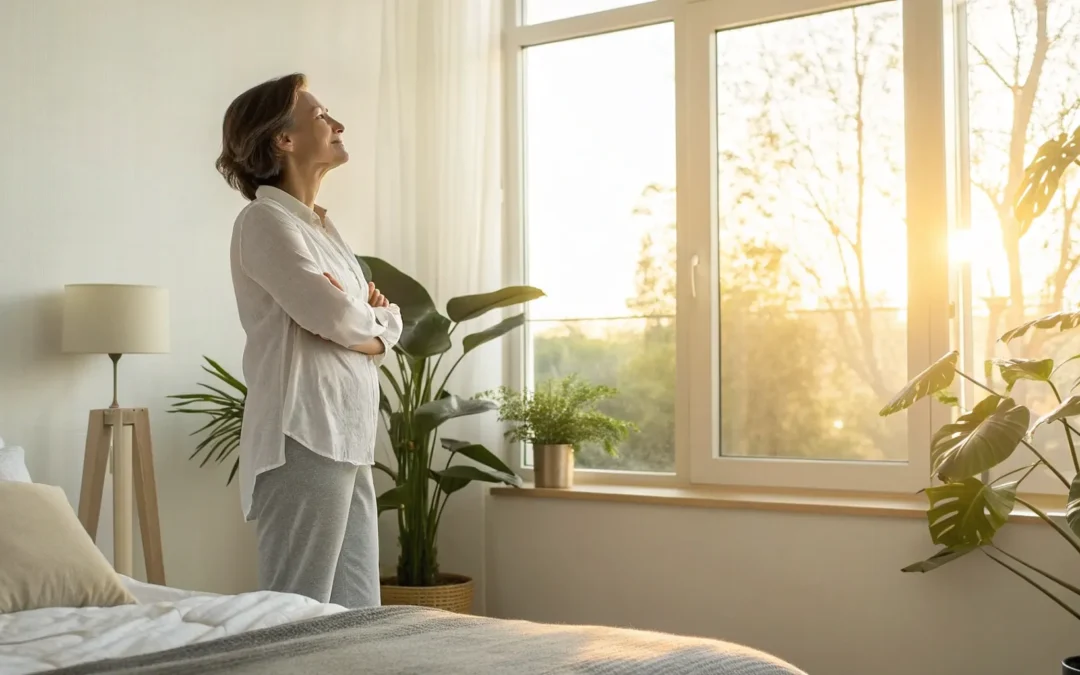 A woman feeling relaxed after finding the best online hormone replacement therapy for women.