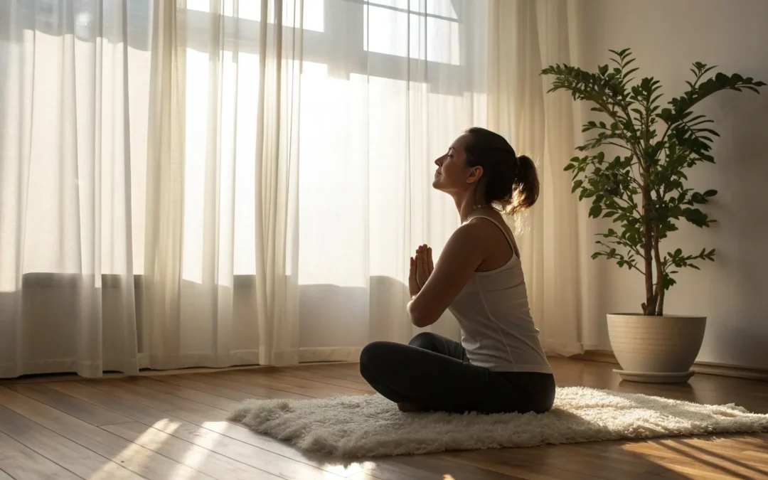 Woman finding calm from perimenopause anxiety through mindfulness meditation.