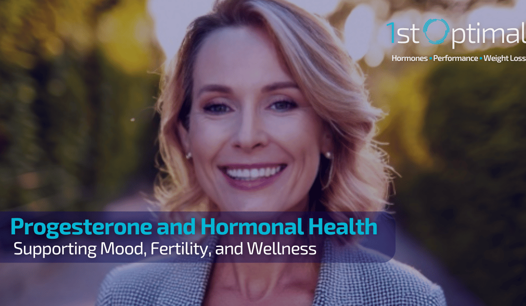 "Confident middle-aged woman smiling outdoors, symbolizing hormone balance and wellness supported by progesterone."