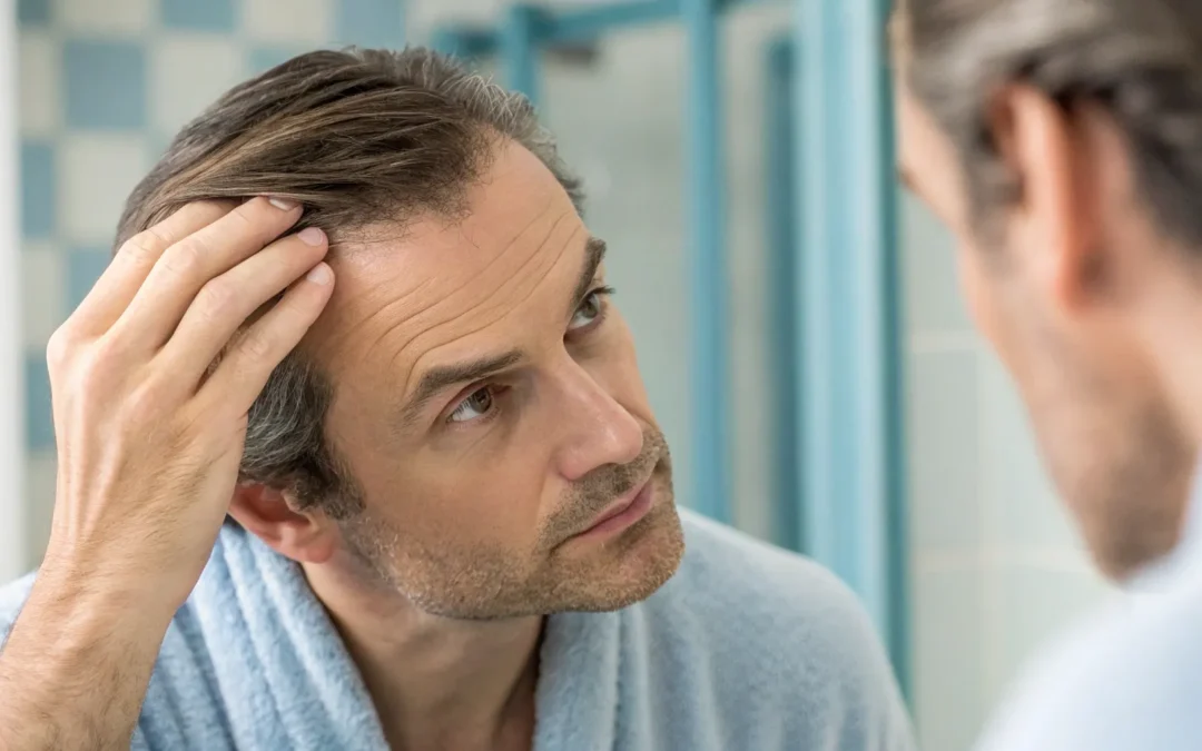 Hormone therapy and hair loss: Concerned man checks his hair.
