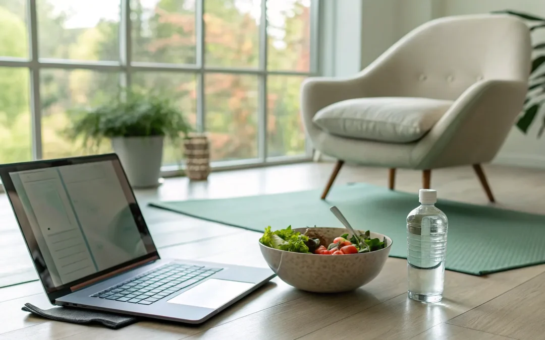 Telehealth weight loss tools: laptop, healthy meal, and water bottle near yoga mat.