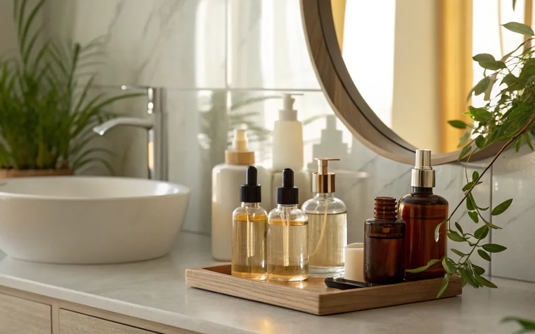 Haircare products and lush plants on a bathroom counter.