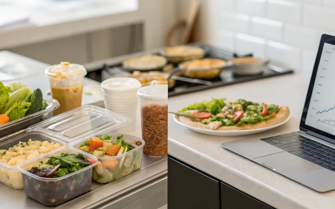 A laptop showing progress for the cheapest online weight loss program next to healthy meal prep.