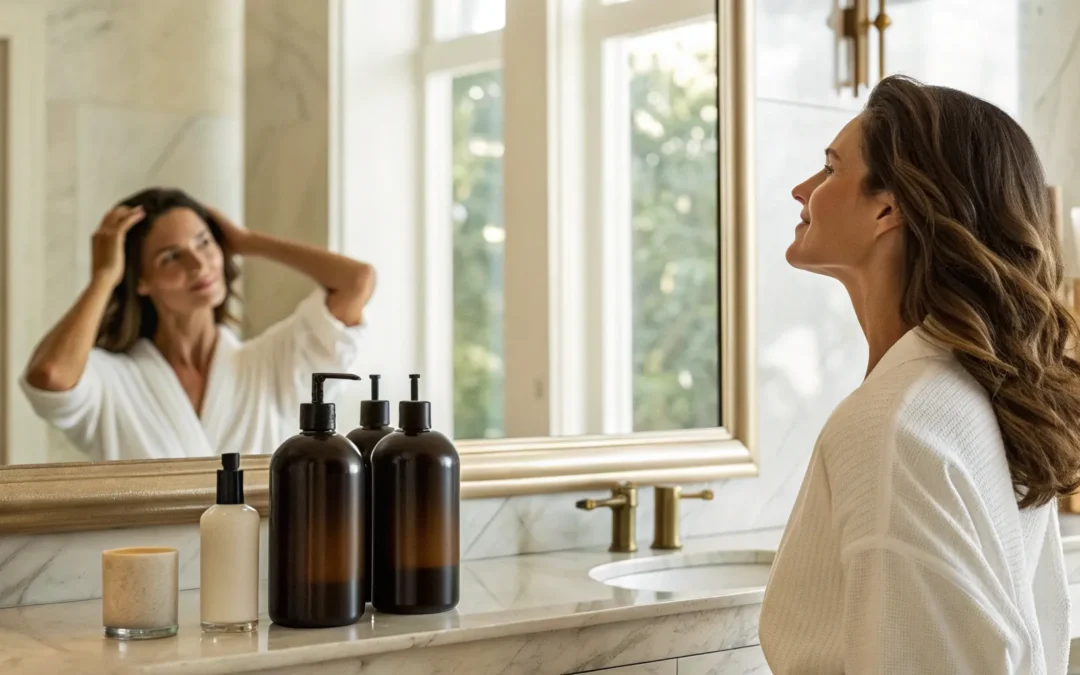 Woman in a mirror concerned about hair loss, a common symptom of alopecia areata.