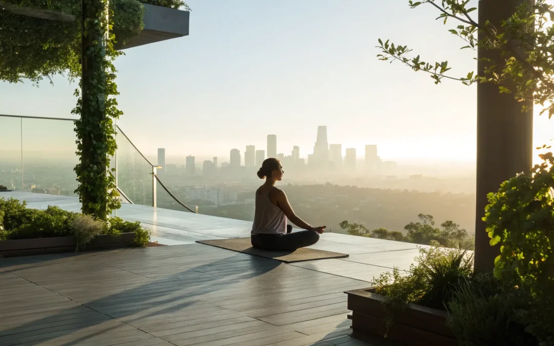 A woman meditating at sunrise, using sermorelin to achieve peak performance and mental focus.