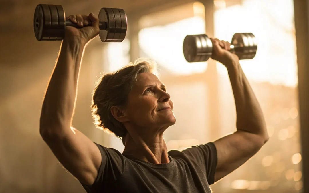 An older man lifting dumbbells, regaining strength as a benefit of testosterone replacement therapy.