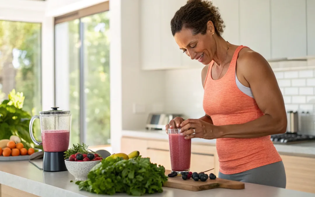 Woman blending healthy smoothie.