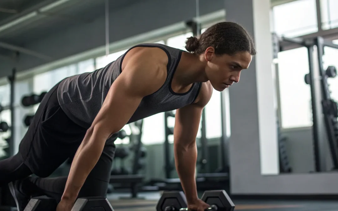 Bodybuilder performs dumbbell row with focused expression.