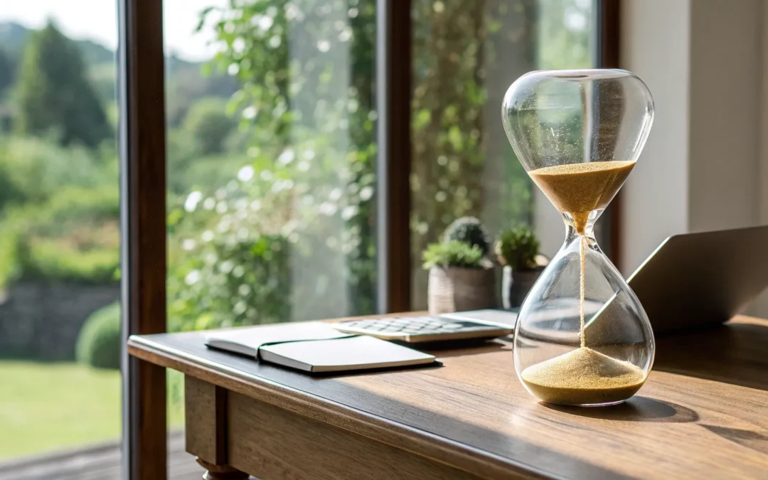 An hourglass emphasizing that timing is key for hormone replacement therapy and dementia risk.