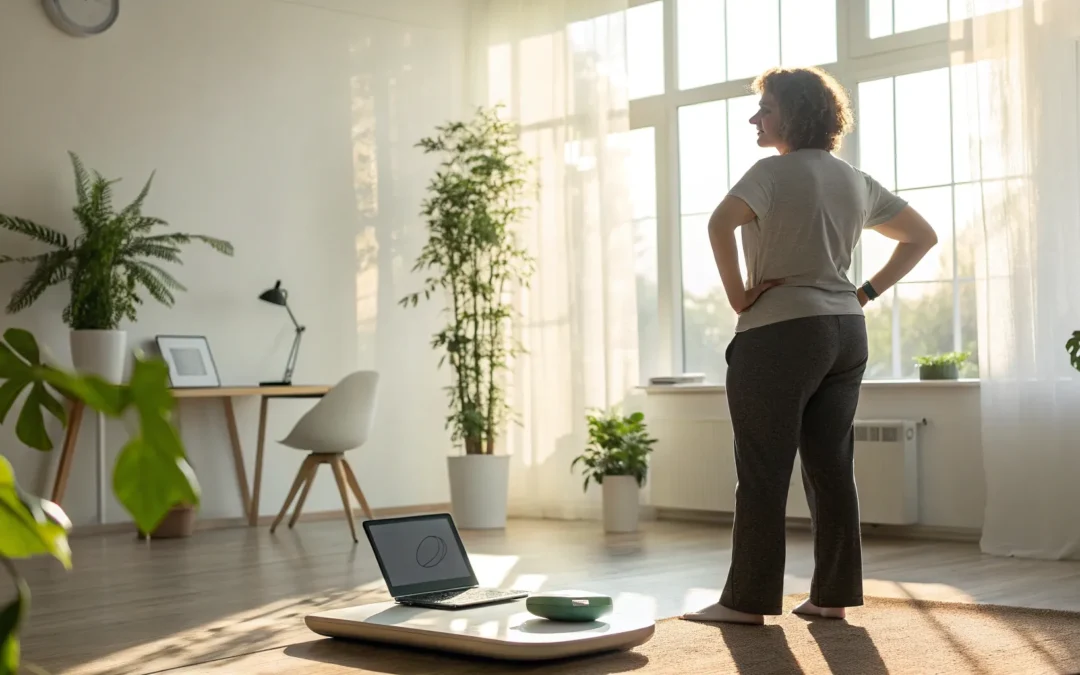 A professional woman using her laptop to track progress with an online weight management program.
