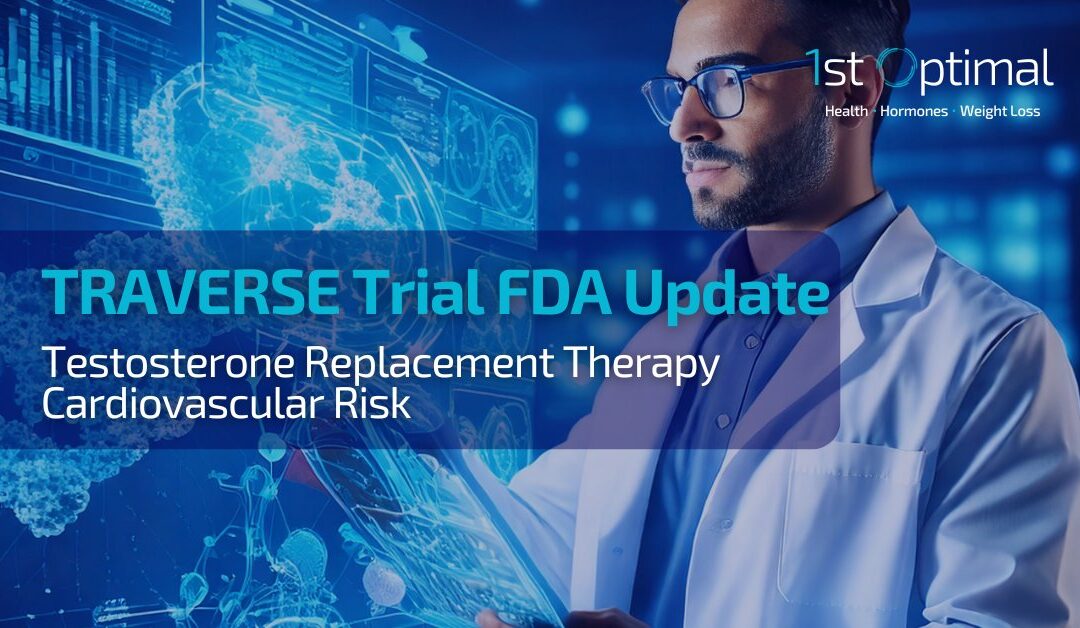 Doctor reviewing testosterone therapy research with DNA helix and EKG line, representing the TRAVERSE Trial and FDA’s TRT safety update.