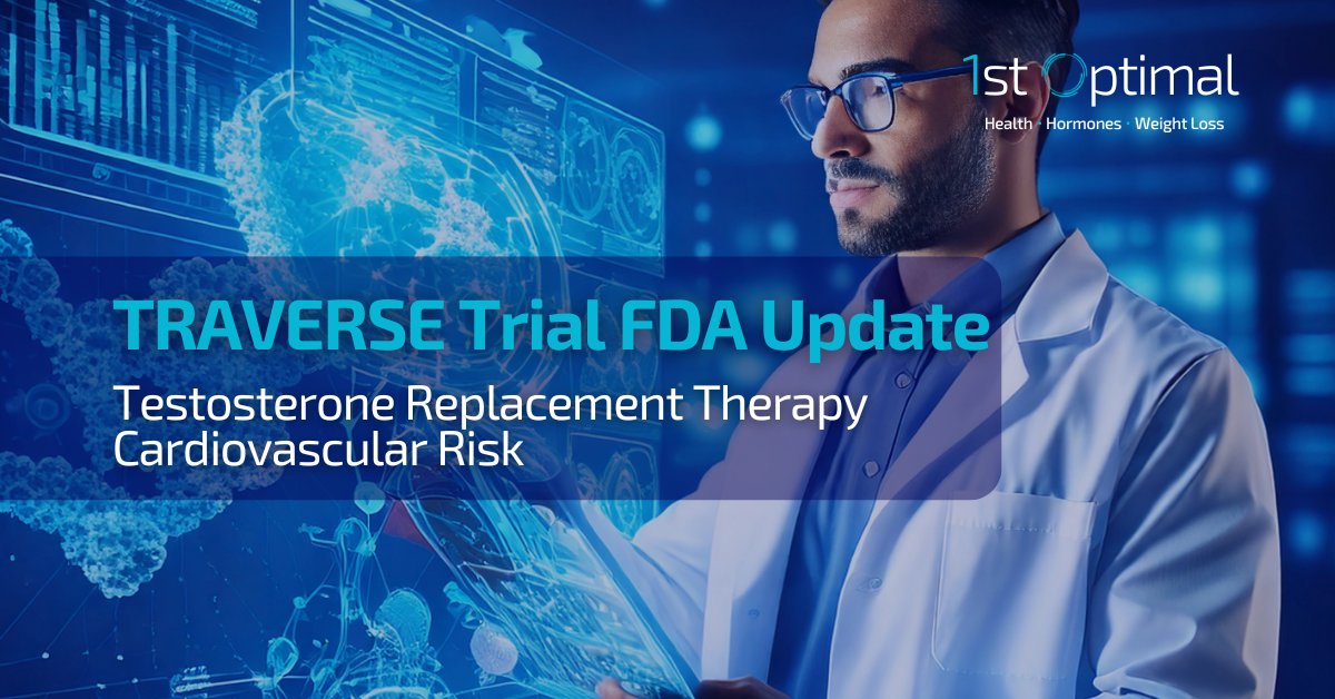 Doctor reviewing testosterone therapy research with DNA helix and EKG line, representing the TRAVERSE Trial and FDA’s TRT safety update.