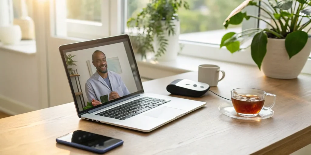 Telehealth hormone therapy consultation on a laptop.