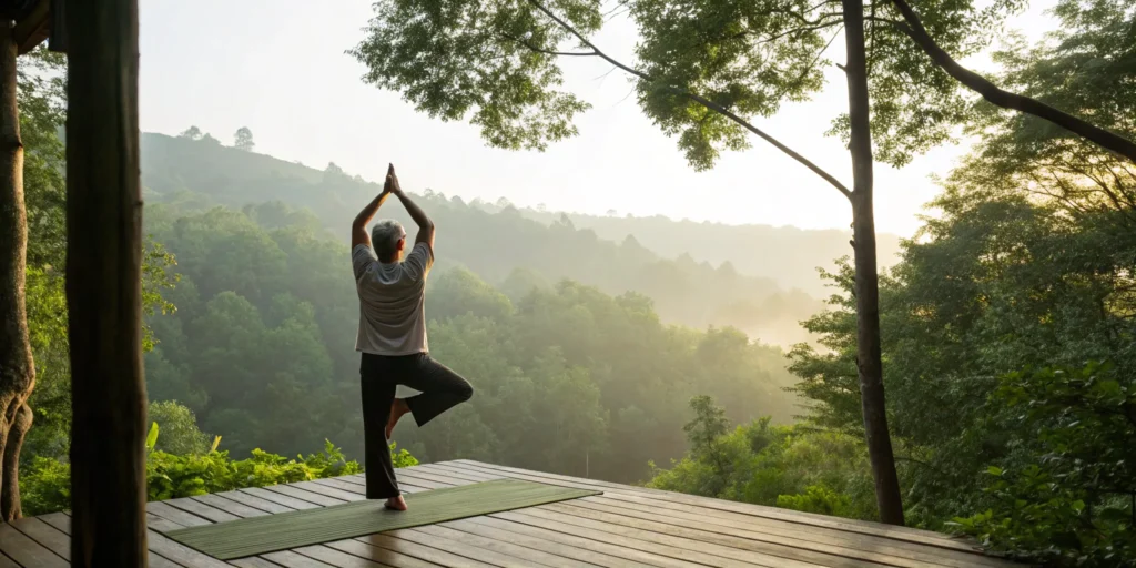 Man doing yoga outdoors to boost testosterone naturally.