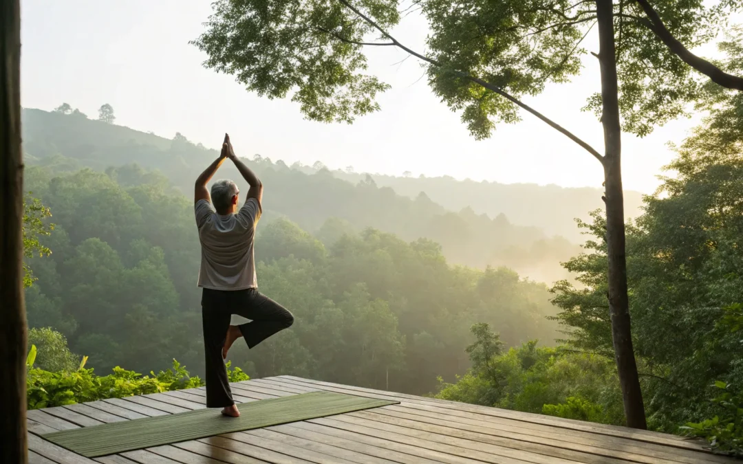 Man doing yoga outdoors to boost testosterone naturally.
