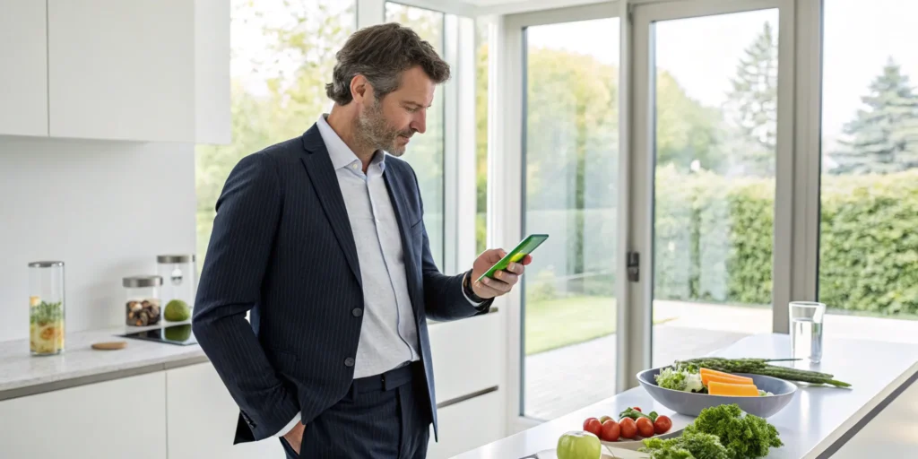 Man using smartphone to manage online hormone optimization.