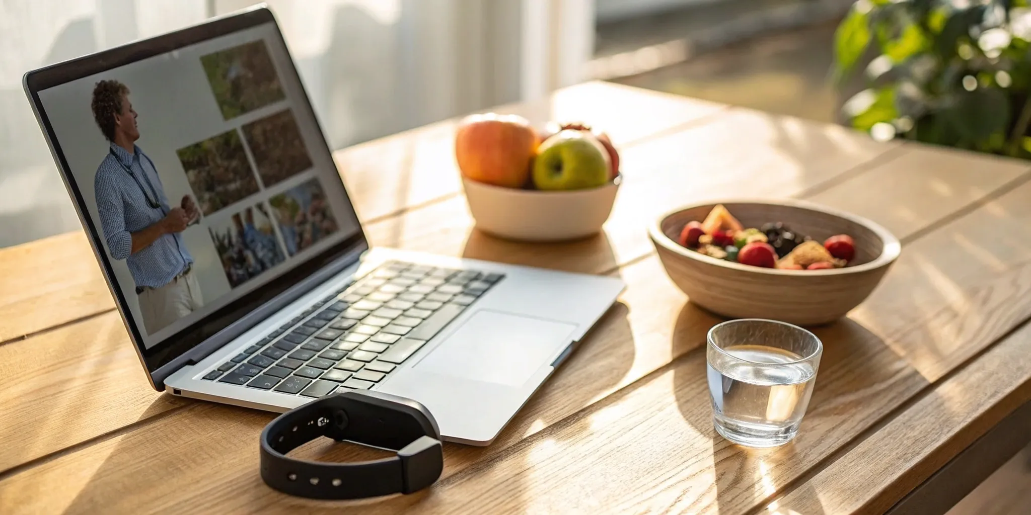Telehealth weight management tools: laptop, fruit, water, and fitness tracker.