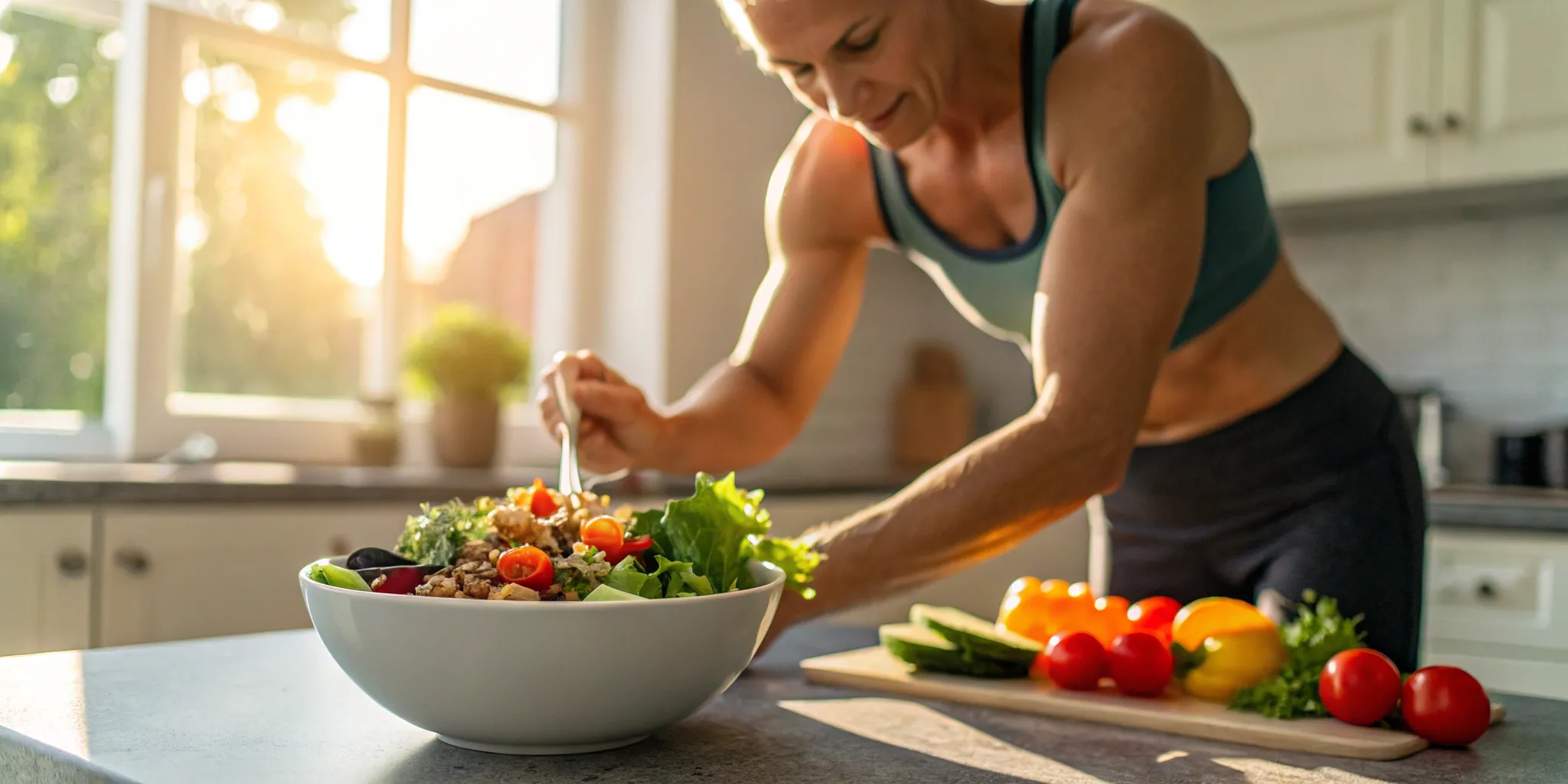 Athlete prepping healthy meal. Carb cycling for performance.