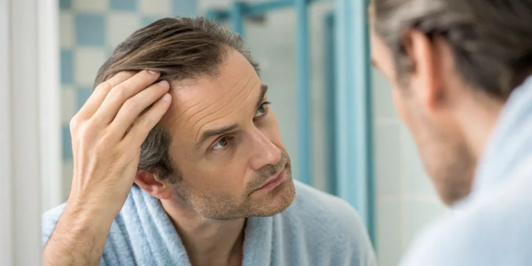 Hormone therapy and hair loss: Concerned man checks his hair.