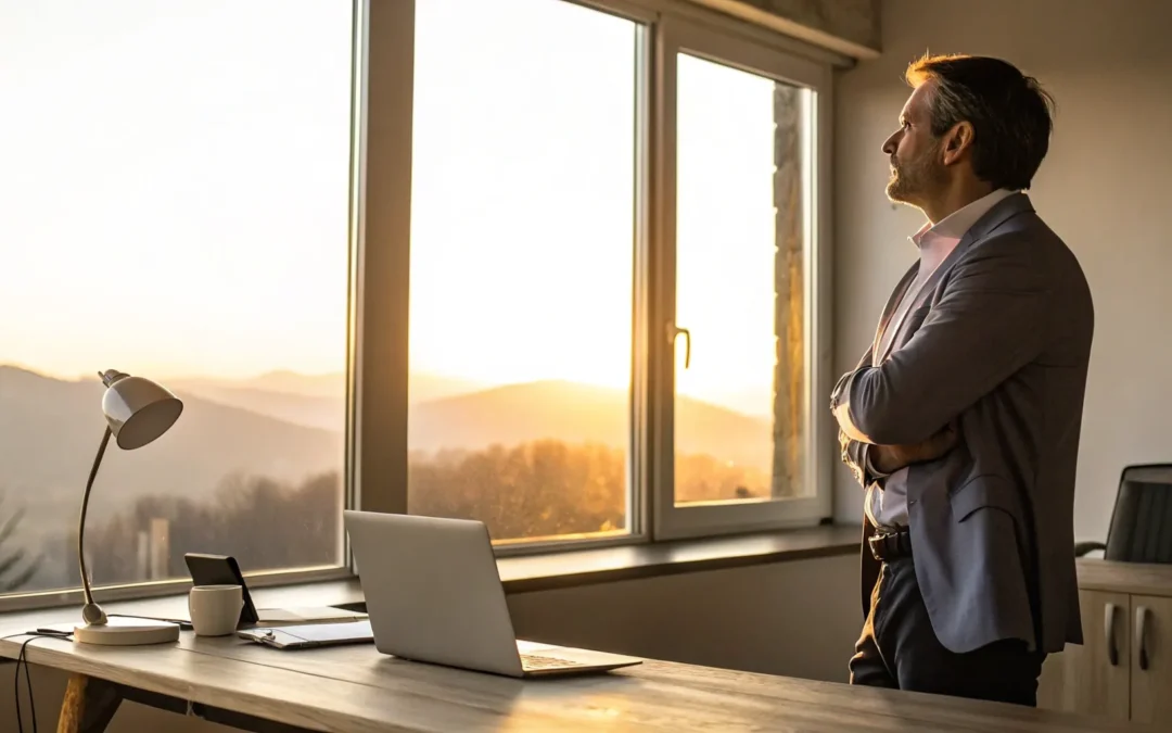 Man considering TRT, laptop open on desk.