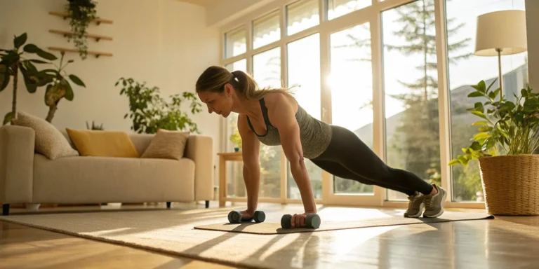 Woman doing push-ups with dumbbells.