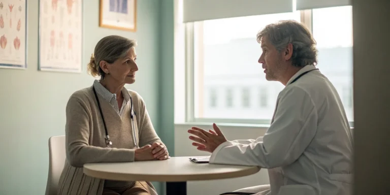 HRT and blood clot risks discussion between doctor and patient.