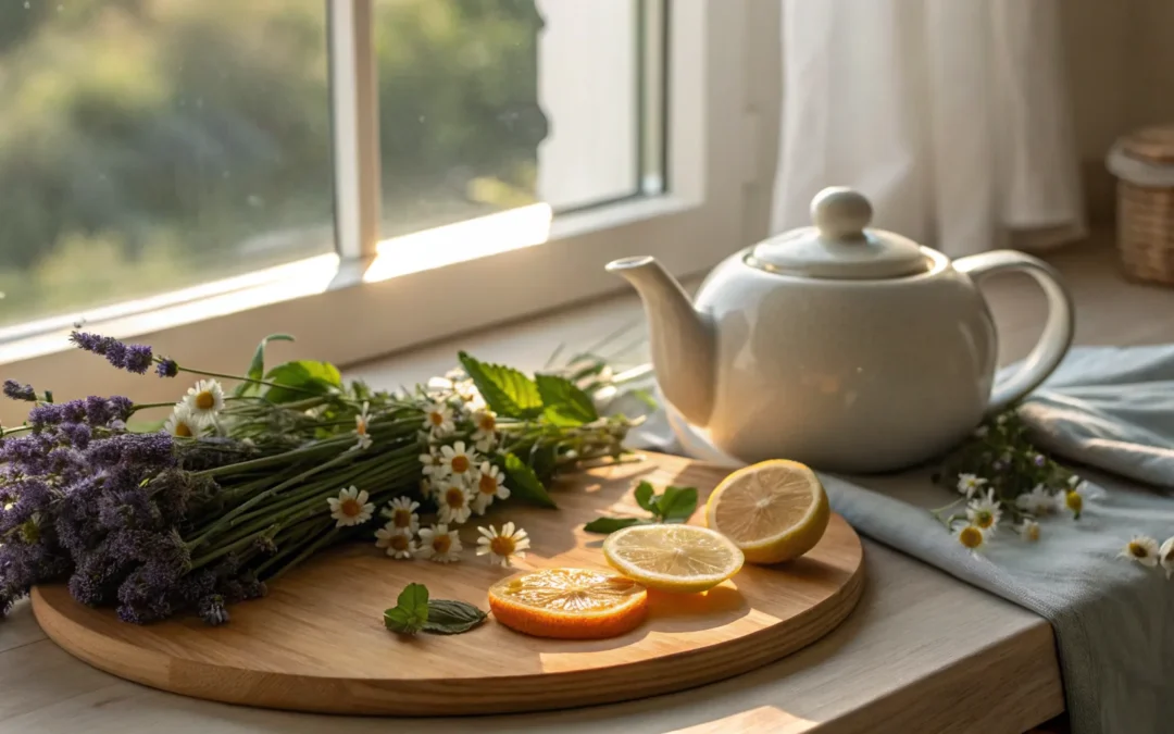 Natural menopause relief with herbal tea and citrus fruits.