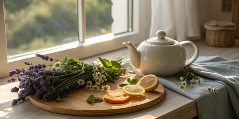 Natural menopause relief with herbal tea and citrus fruits.