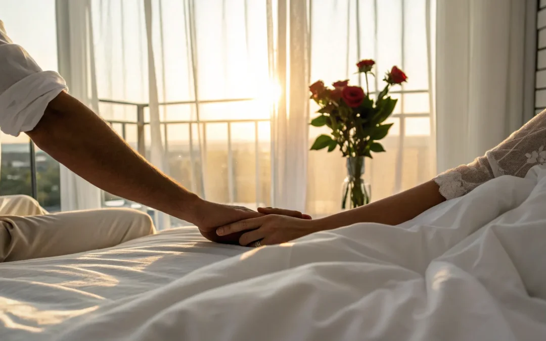 Couple embracing intimately.