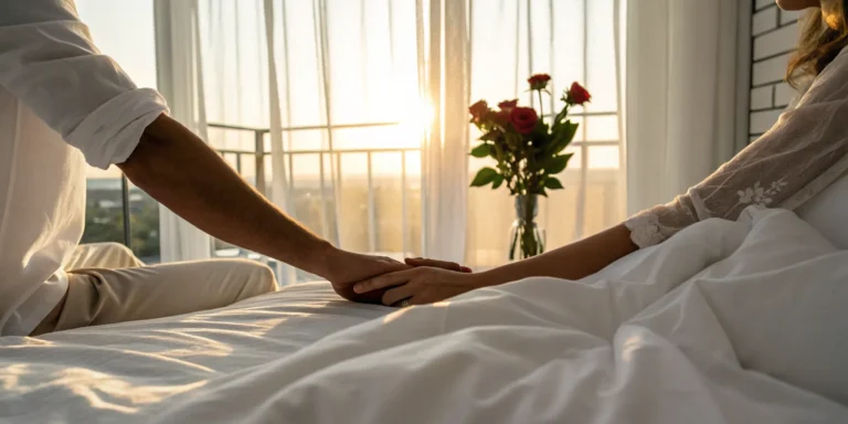 Couple embracing intimately.