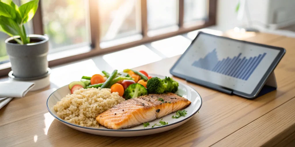 Salmon, quinoa, and vegetables meal for a 3-day diet.