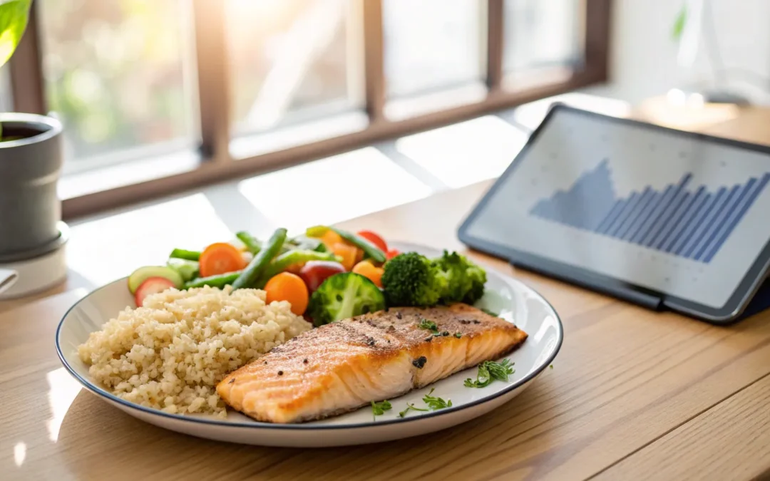 Salmon, quinoa, and vegetables meal for a 3-day diet.