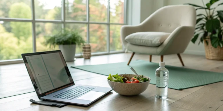 Telehealth weight loss tools: laptop, healthy meal, and water bottle near yoga mat.