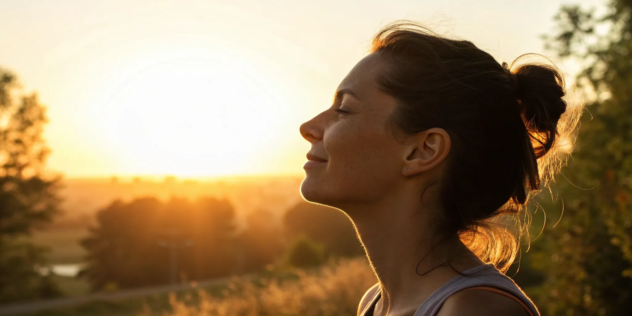 Serene woman at sunrise.