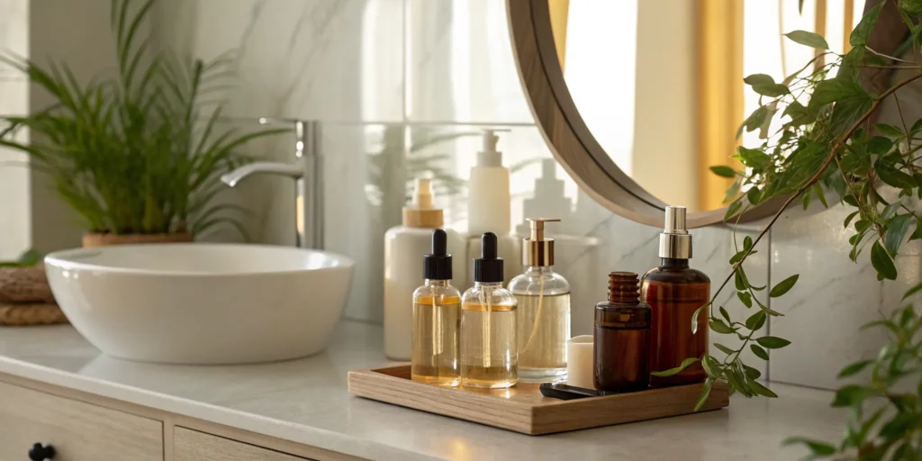 Haircare products and lush plants on a bathroom counter.