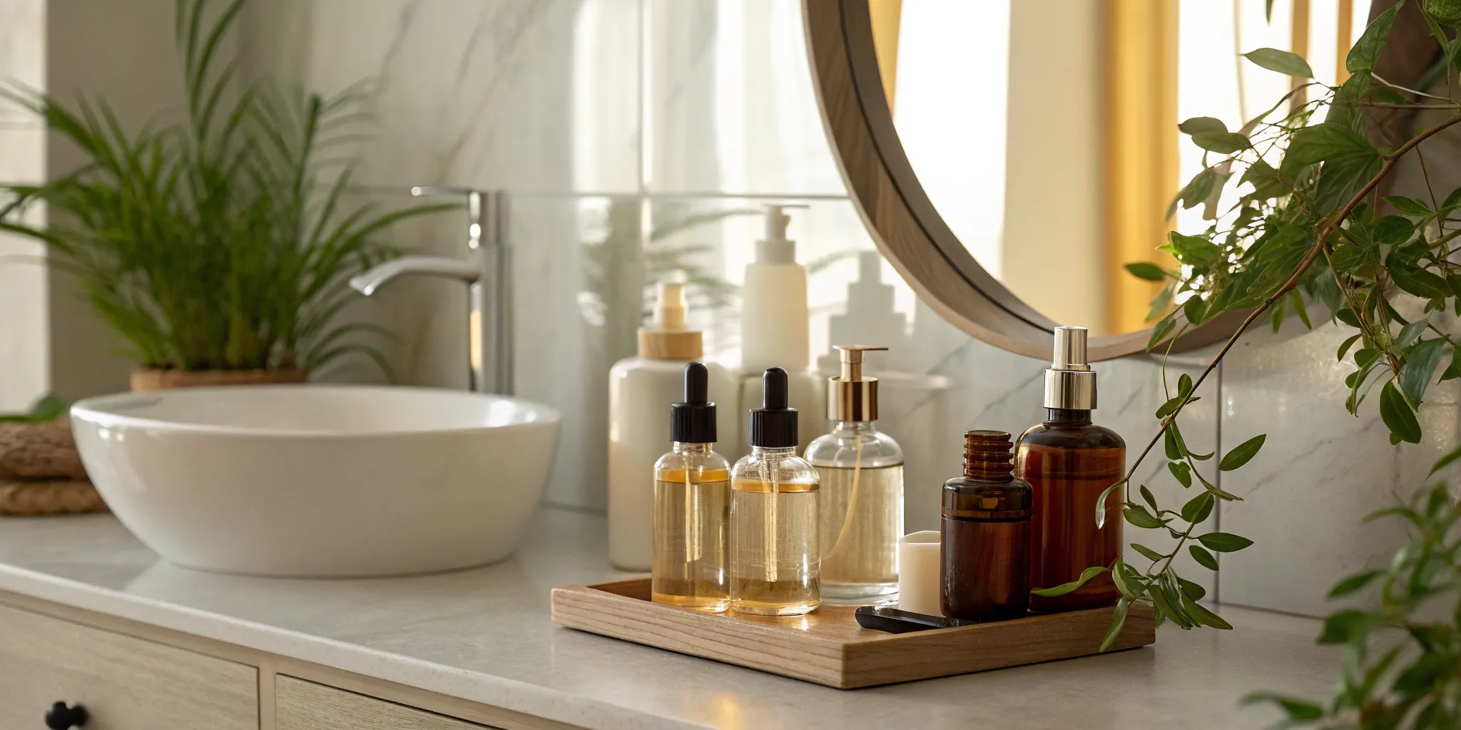 Haircare products and lush plants on a bathroom counter.