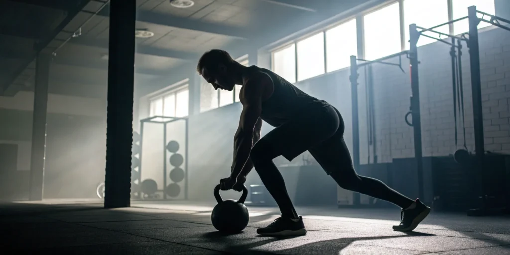 Athlete building functional strength and muscle definition with a kettlebell.