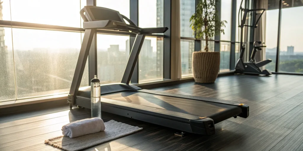 Personal trainer guides client on treadmill in modern gym.
