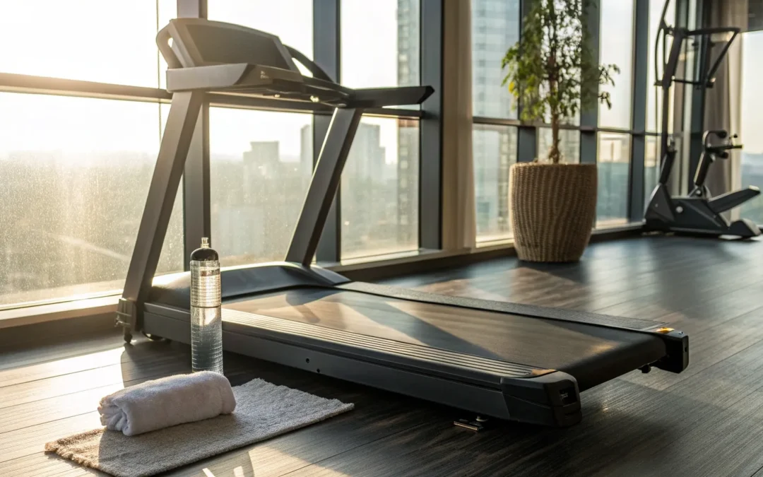 Personal trainer guides client on treadmill in modern gym.