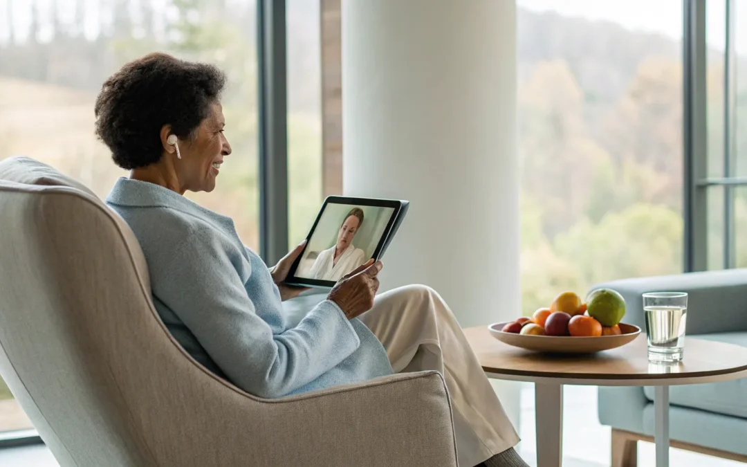 Woman using tablet for online weight management.